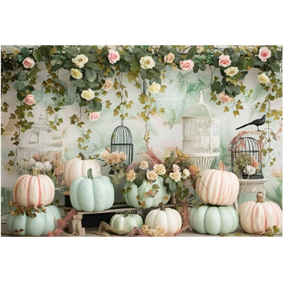 7x5FT Fall Pink Blue Pumpkin Backdrop Autumn Flower Floral Photography Background Photo Booth Studio Props Banner
