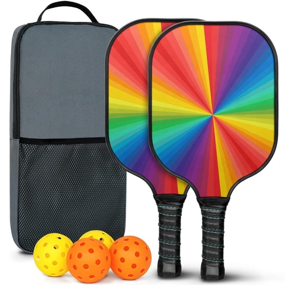 Pickleball Paddles Set Of 2, Fiberglass Surface, Vibrant Rainbow Print, 4 Balls & Bag