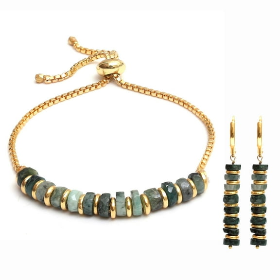 Gempires Emerald Beads Bracelet Earrings Set, Womens Heishi Beads Gemstone Combo Jewelry Sets