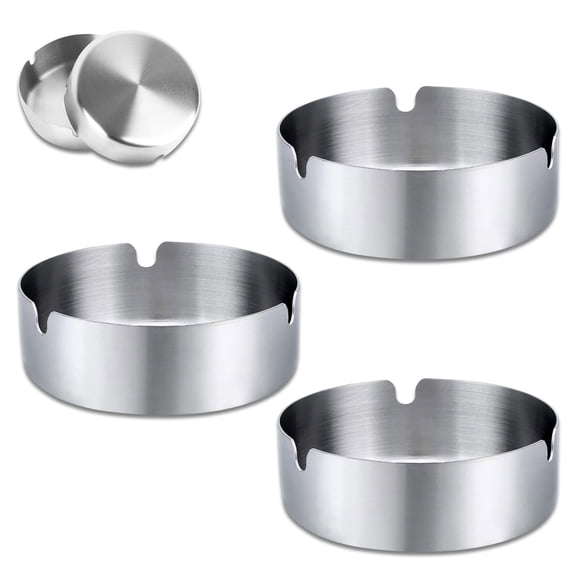 Somnr Cigarettes Smoking Accessories, Tabletop Round Stainless Steel Ash Tray Set for Home, Hotel, Restaurant, Indoor, Outdoor (3 Pack, Silver)