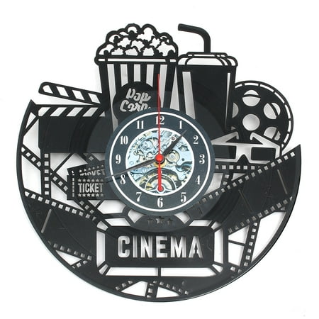 Home Theater Cinema and Popcorn Vinyl Record Wall Clock Movie Film Time Clock Watch Room Wall Decor Wall Art Gift for Movie Lover Gift Idea for a Best