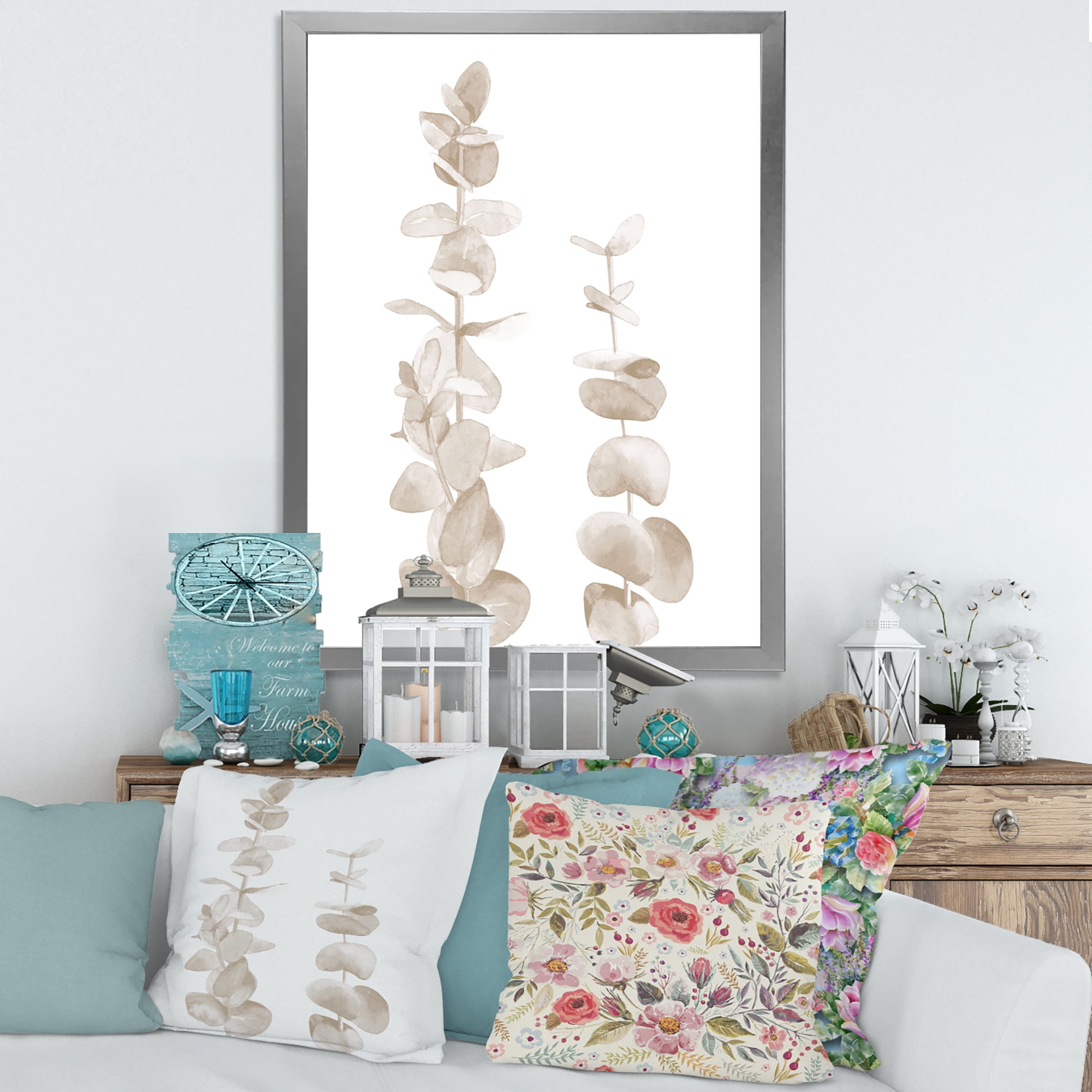 Designart 'Grey Eucalyptus Branches On White' Traditional Framed Art Print