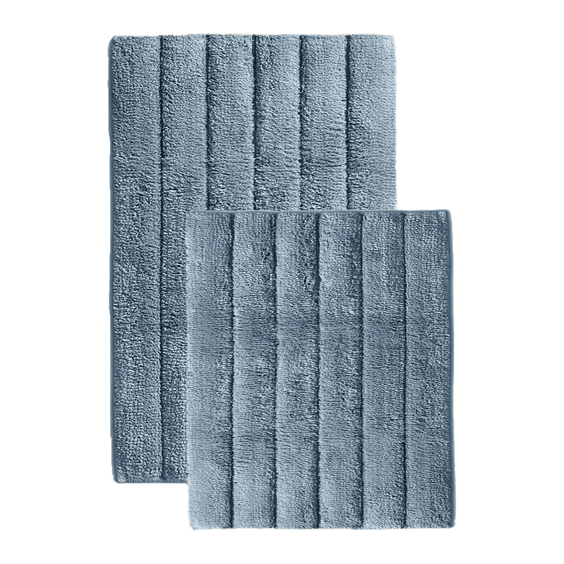 Denim Blue 2 Piece Bath Mat Set -Solid Striped Bathroom Mat Soft Plush Thick