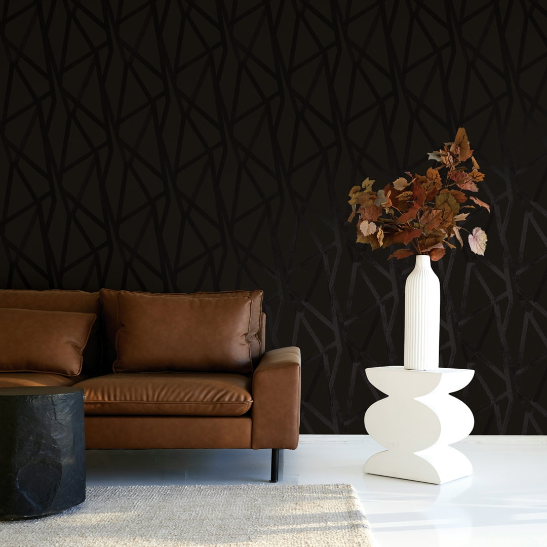 Tempaper x Genevieve Gorder Intersections Metallic Black on Black Peel and Stick Wallpaper, 20.5" x 16.5'