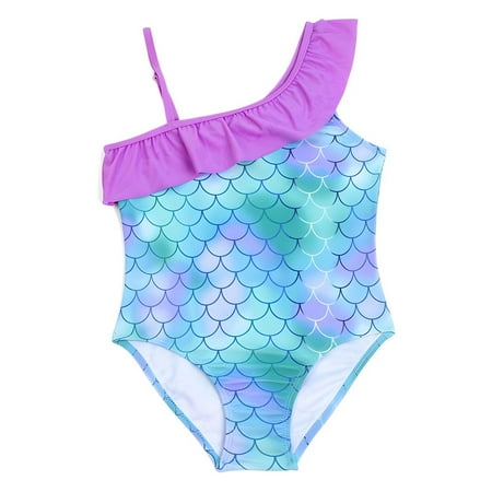 Big Girls Swimsuit One Pice Bathing Suit Summer Hawaian One Shoulder Ruffle Swimwear For Green 10-11Y Teen One Piece Bathing Suit
