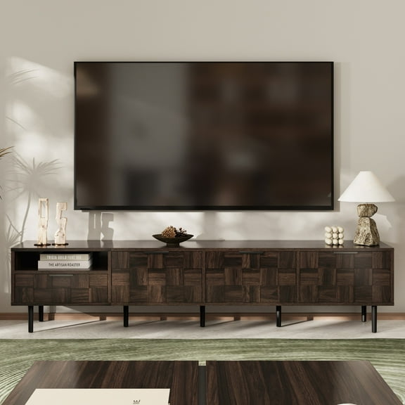 Lisonu 78" Mid-Century Modern TV Stand for TVs up to 85 Inch, Walnut Entertainment Center with Storage Cabinets and Soft-Close Doors
