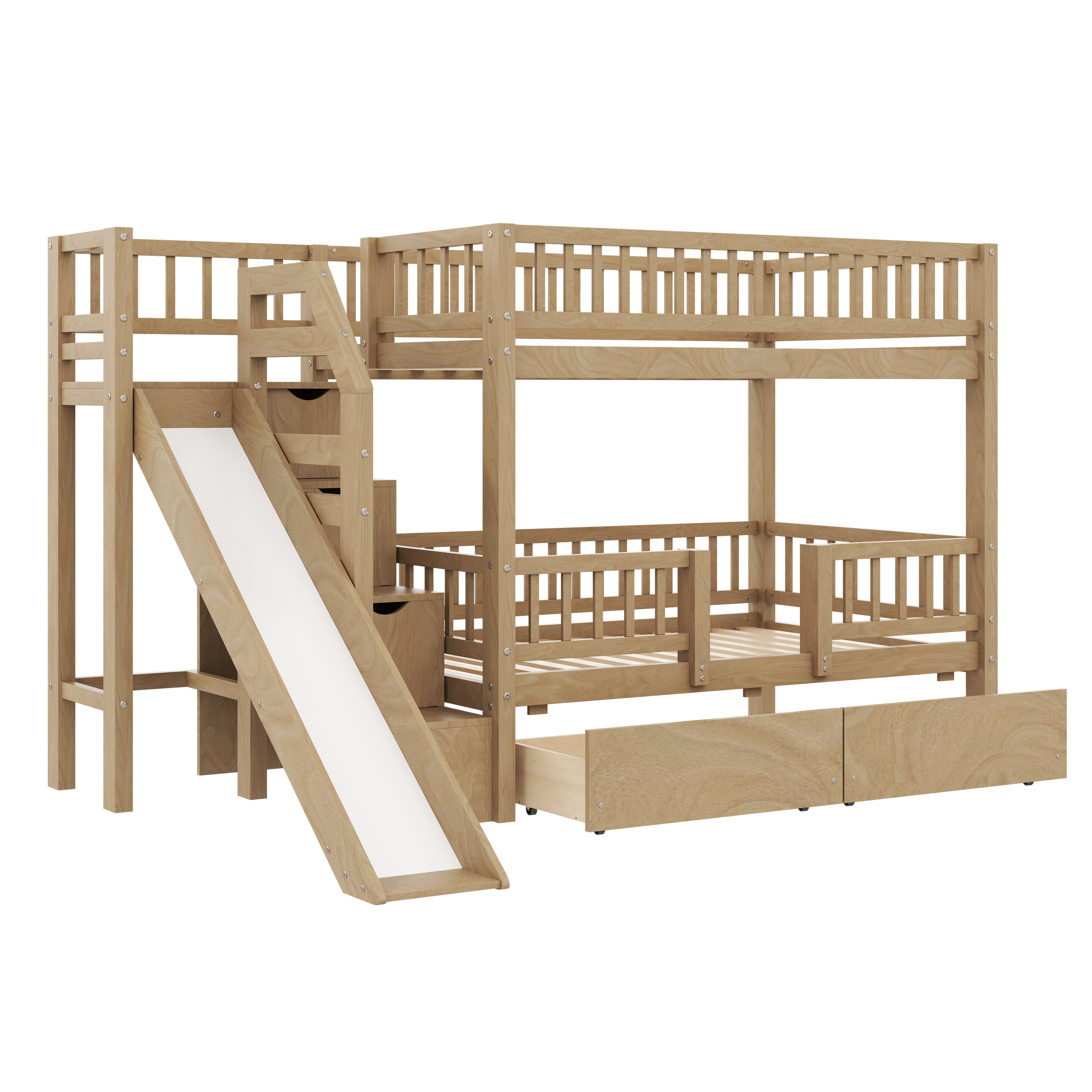 Euroco Twin over Twin Bunk Bed with Storage Staircase and Slide, Walnut
