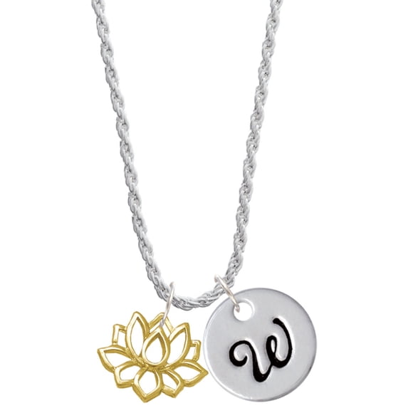 Delight Jewelry Goldtone Lotus Outline Silvertone Script Initial Disc - W - Charm Necklace, 20"+3"