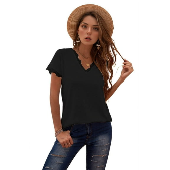 Women Tank Tops V Neck Short Sleeve Lace Blouse Casual Vest Summer Camisole Shirts Black S