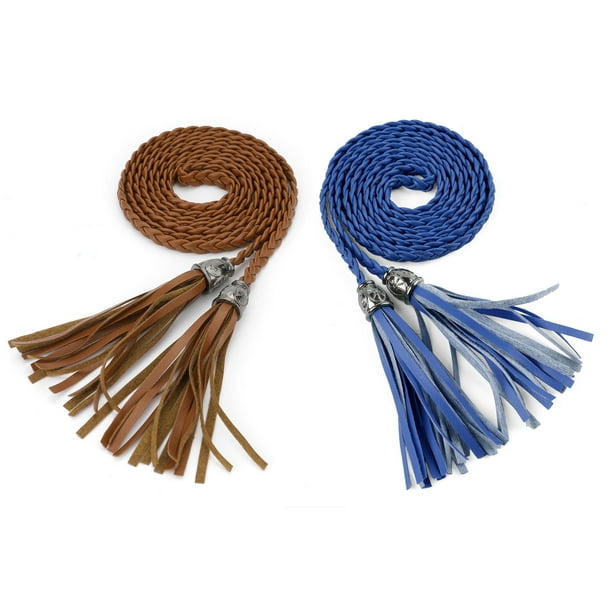 Cinturón De Cintura Trenzado Con Borlas Para Mujer Cinturones Delgados Tejidos Para Vestido Marrón y azul real 132cm/51.97"
