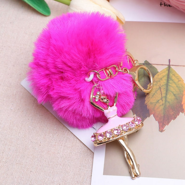 Lovely Crystal Ballet Girl Keychains Dancing Angel Fluffy Puff Ball Pendant  Fur Key Chain Car Styling Bag Jewelry Pompom Keyring (Rose Red) 