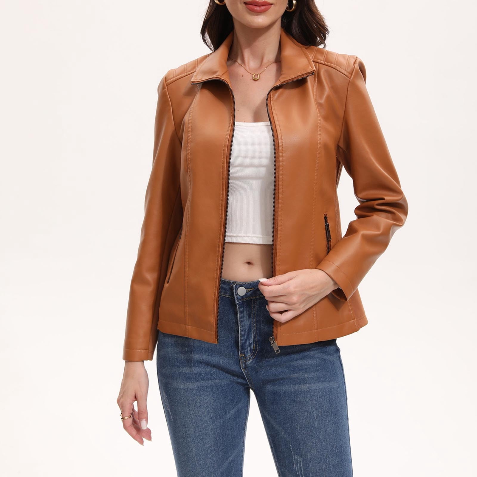 CHUMUD Women's Faux Leather Jacket with Zipper Pockets Motorcycle Fashion Zip Up Coat Trendy Going Out Jackets