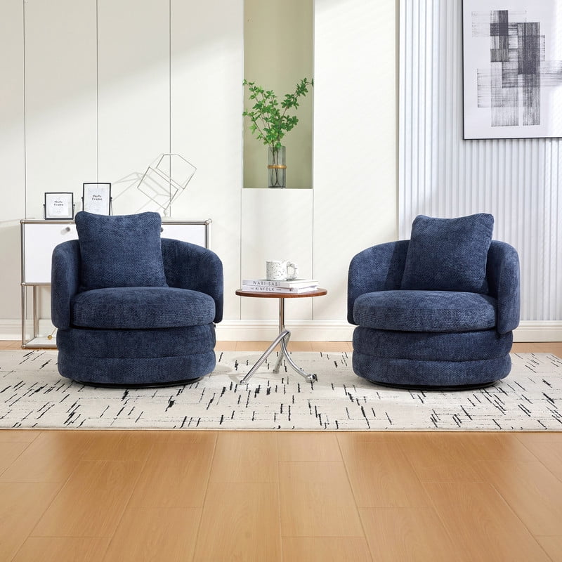 360° Modern Swivel Barrel Accent Chair, Chenille Upholstered Lounge Armchair with Pillow, Comfy Round Sofa Reading Chair for Living Room, Bedroom, Navy