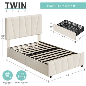 Trilenars TWIN Size Upholstered Bed Frame,Adjustable Headboard with 2 Storage Drawers,Wooden Slats Support,No Box Spring Needed,Noise-Free,Easy Assembly,White
