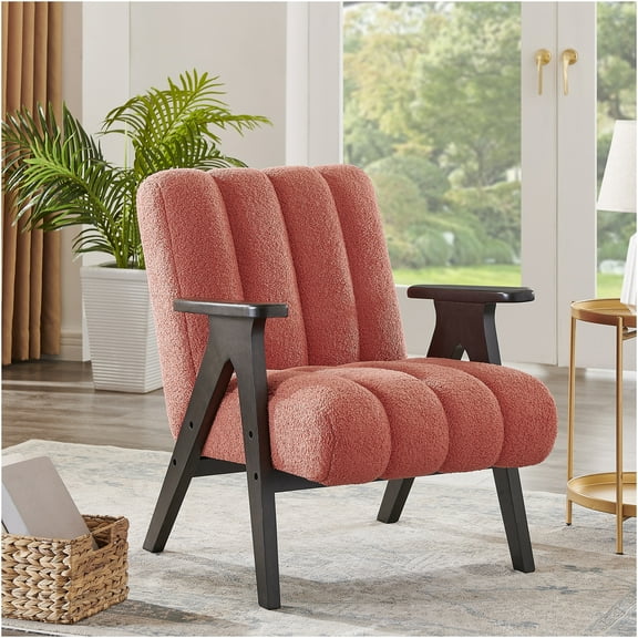JERFIT Modern Coral Teddy Sherpa Accent Chair with Wood Frame for Living Room, Cozy Upholstered Armchair