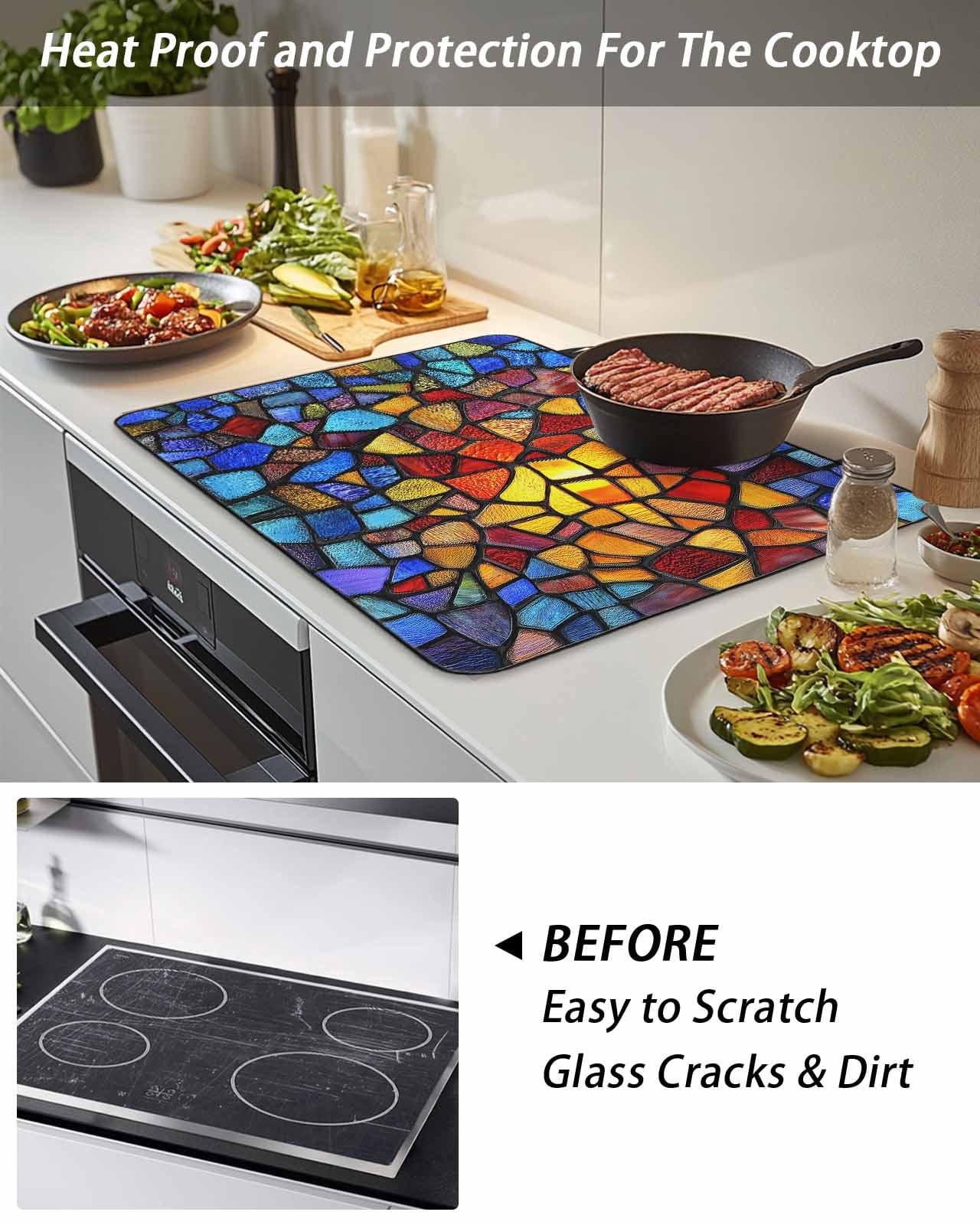 Stove Top Covers for Electric Stove, Blue Red Yellow Glass Stovetop Cover Protector, Modern Colored Rainbow Stained Glass Induction Cooktop Protector Oven Mat for Kitchen Countertop 24"x21"