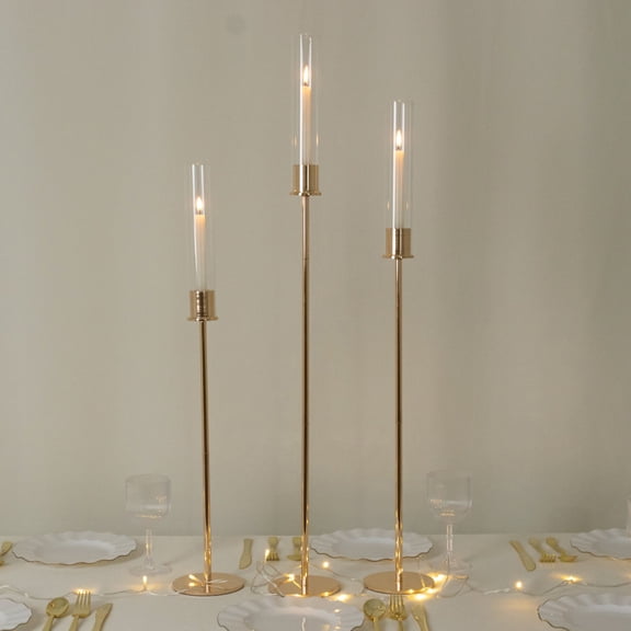 Efavormart Set of 3 Gold Metal Taper Candle Holders with Hurricane Glass Shades – Modern Minimalist Candlestick Stands – 28", 32", 36"