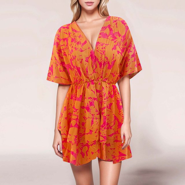 WILLBEST Vestido Largo Informal De Moda Para Mujer, Nuevo Vestido Naranja Estampado Con Mangas Murciélago Y Cuello En V Suelto