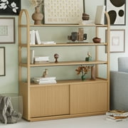 Beautiful Fluted Large Bookcase Entertainment Center for TVs up to 65 by Drew Barrymore, Warm Honey Finish