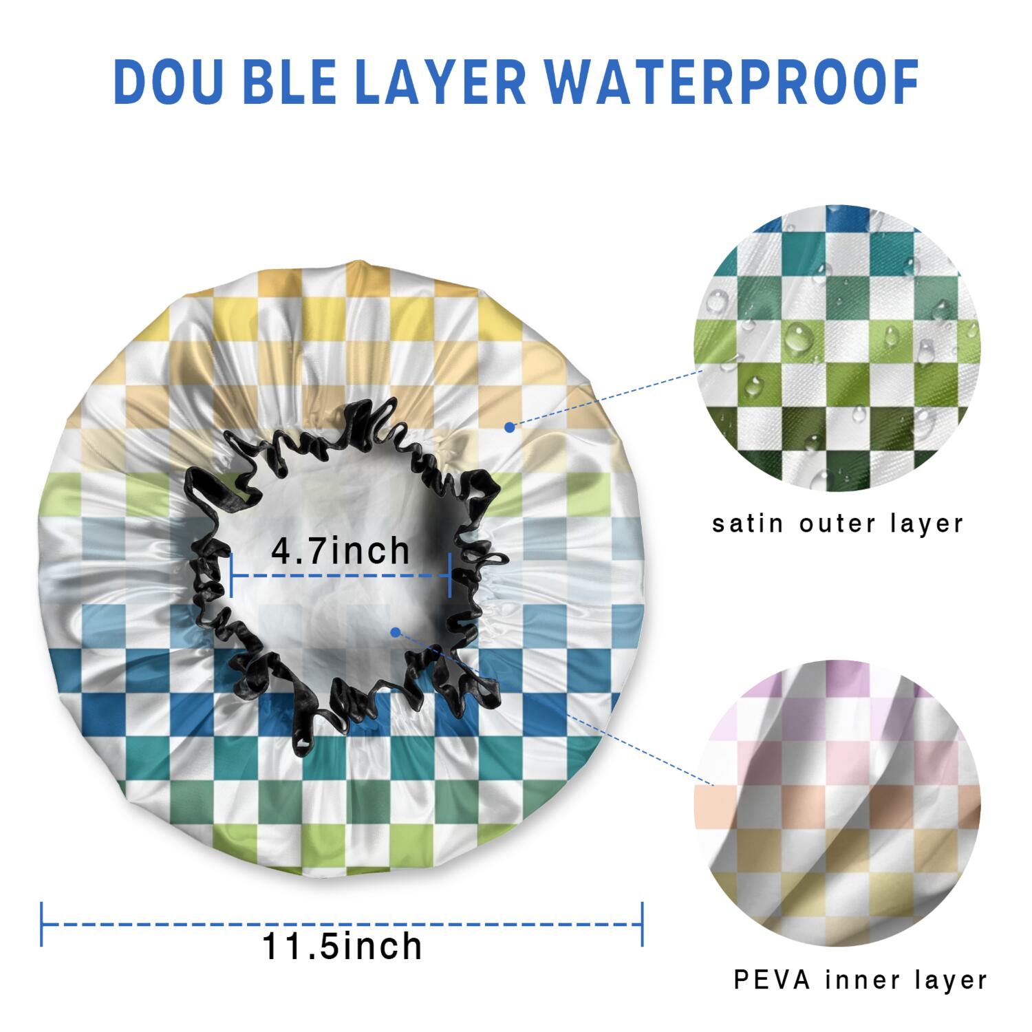 Shower Caps,Colorful Gradient Checkerboard Checkered Pattern Waterproof Shower Cap for Women 4 Pieces,Double Reusable Hair Cover for Shower PEVA Elastic Stretch Hem