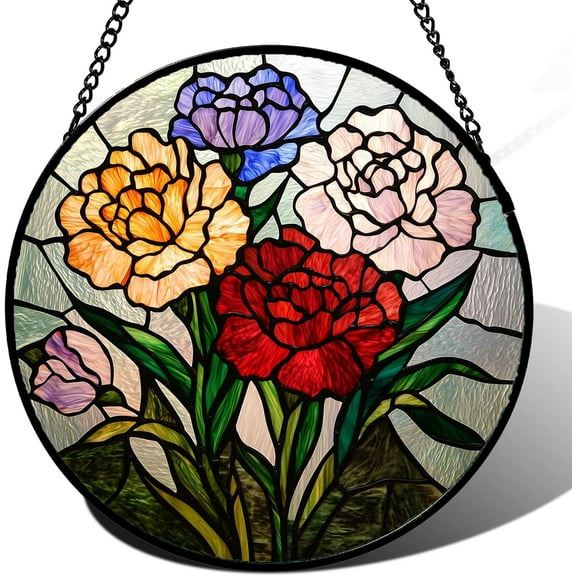 Stained Glass Window Hanging, Colorful Flowers Green Leaf Suncatcher for Doors Window Home Plant Sun Catchers Decoration Mother's Day Birthday Gifts for Women, Men, and Mom