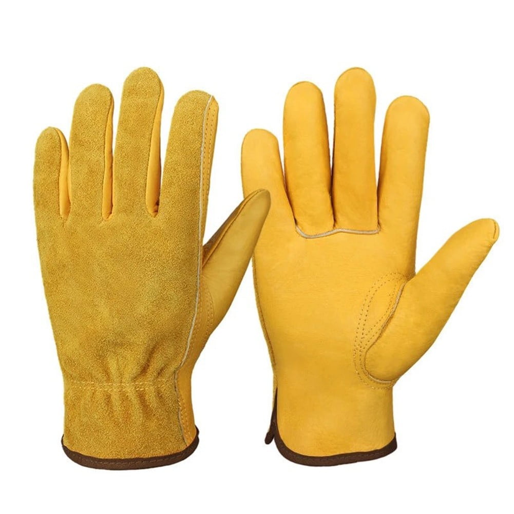 Pair of Heavy Duty Gardening Gloves Men Women Thorn Proof Leather Work Yellow UK 