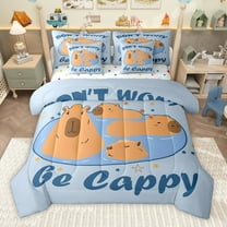 Homewish Be Cappy 7pcs Bedding Comforter Set,Cartoon Animal Capybara Queen Bedding Sets,Blue Brown Queen Sheet Sets For Boys Kids,Super Cozy Room Decor Reversible
