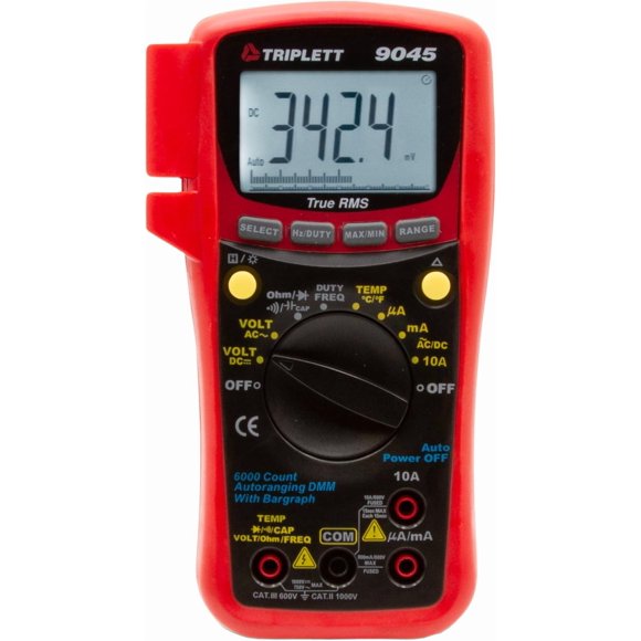 Triplett 9045 True RMS 6000 Count Digital Multimeter - AC/DC Voltage, AC/DC Current, Resistance, Continuity, Diode Test, and Capacitance