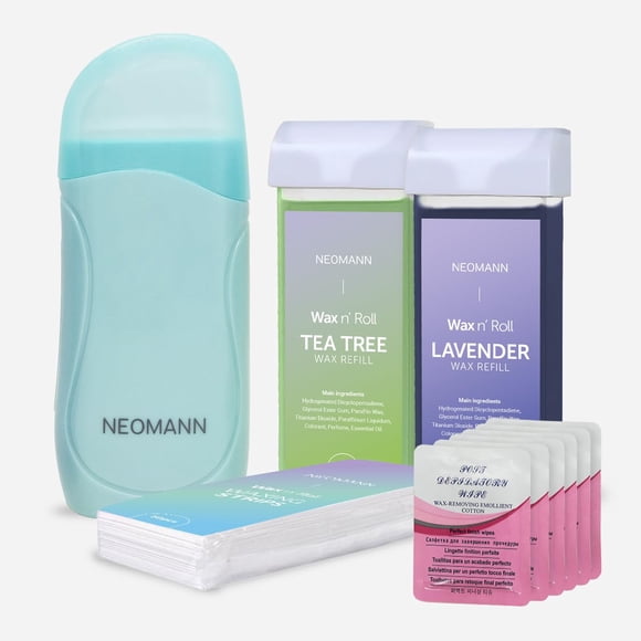 NEOMANN Torquoise Wax nRoll con 1 pieza de árbol de té, 1 pieza de recambios de cera de lavanda y 6 piezas después del tratamiento y 50 piezas de papel encerado