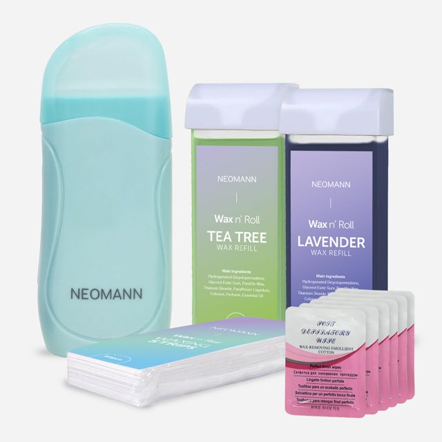 NEOMANN Torquoise Wax nRoll con 1 pieza de árbol de té, 1 pieza de recambios de cera de lavanda y 6 piezas después del tratamiento y 50 piezas de papel encerado