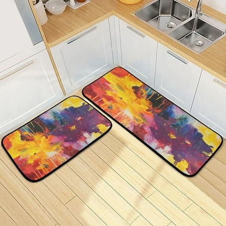 

Kitchen Rug Set 2 Pieces Non Slip Kitchen Mat for Kitchen Home Floor Sink 47 x19 +27 x19 Yellow and Red Abstract Painting