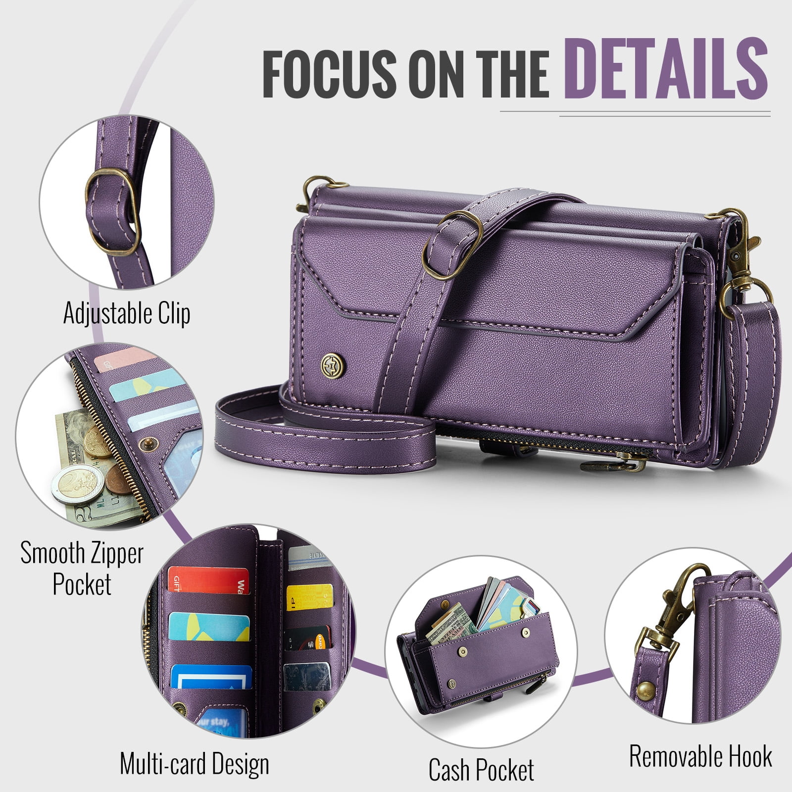 for Google Pixel 10 / 10 Pro Full Body Protection Wallet Folio Flip Case, Shoulder Strap & Wristlet Card Slots Zipper Pocket RFID Blocking Rugged Durable PU Leather Phone Case Cover, Purple