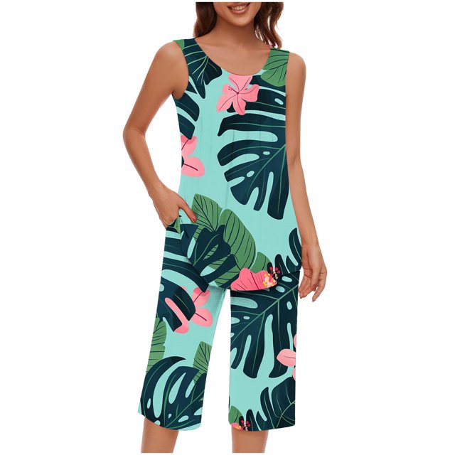 Pisexur Ensembles de Pyjama pour Femmes, Mode Bohème, Ensembles de Pyjamas à Fleurs pour Femmes, Ensemble de Détente 2 Pcs, Décontracté et Confortable, Col Rond, Sans Manches, Camisoles Plissées et Pantalons Longueur Genou, Tenue de Détente avec Poches