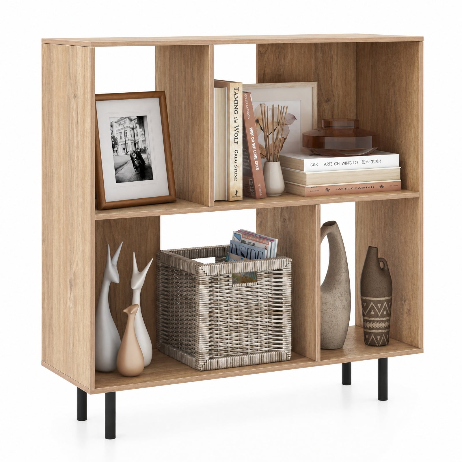 Furnibear Open Shelf Bookcase with 4 Compartments for Living Room Home Office Bedroom Display Storage Shelf, Natural