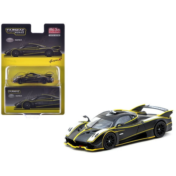 Pagani Huayra R Matt Black with Silver Accents and Yellow Stripes "Global64" Series 1/64 Diecast Model by Tarmac Works