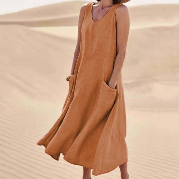 BRGZLK Cotton Linen Maxi Dress for Women 2026 Summer Solid Color V-Neck Boho Casual Beach Dresses Trendy Baggy Long Sundress with Pockets Orange XXL