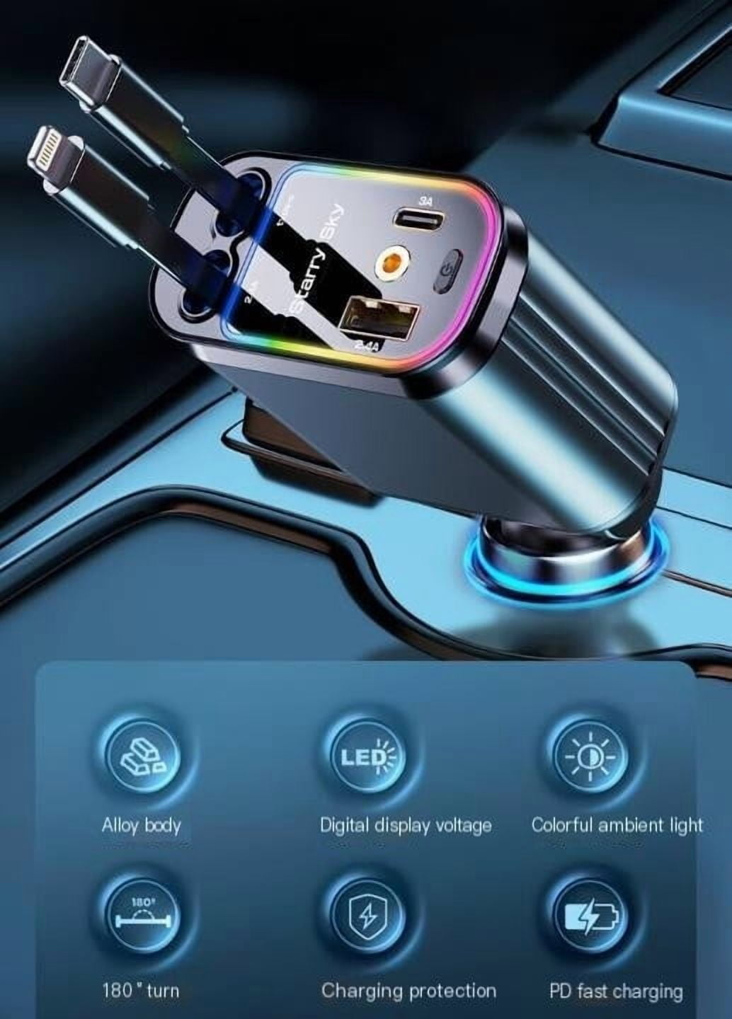 Car Charger 120W Mobile Super Fast Charging ,4 in 1 Retractable USB C Car Charger,120W with Starry Light,Fast Charging for iPhone,iPad,Android,Galaxy,Pixel,Cigarette Lighter Adapter