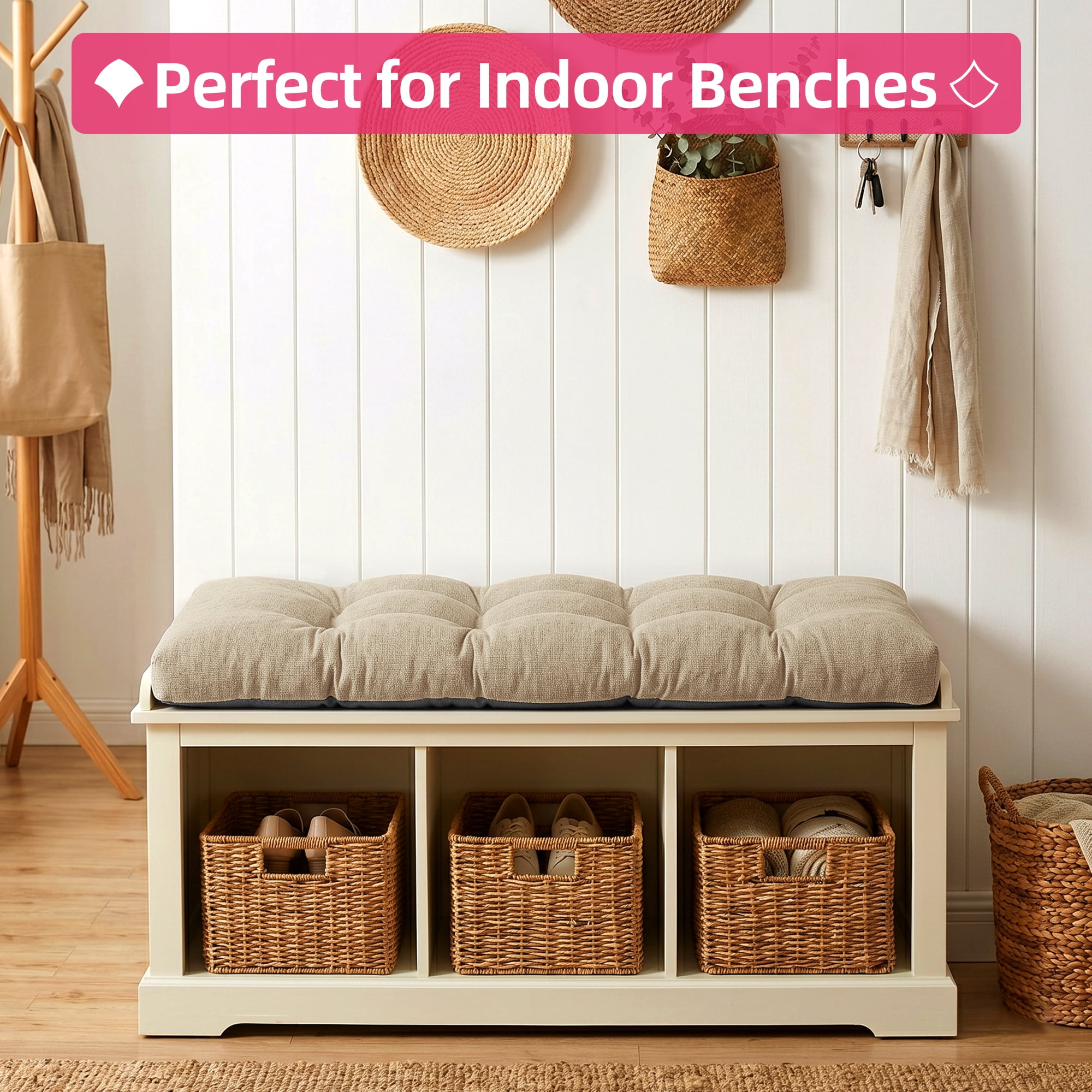 Millsilo Indoor Bench Cushion 36" x 14" x 4", Thick Tufted Cushion with Non Slip Bottom for Window Seat & Entryway Bench, Beige