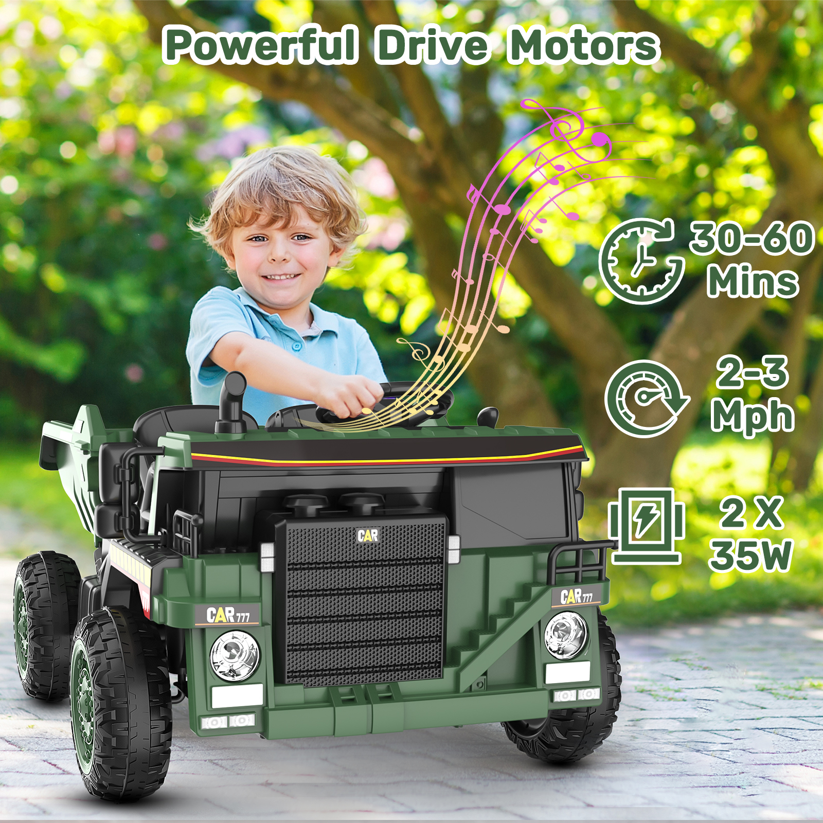 TOKTOO 12V Battery Powered Ride-on Dump Truck with Remote Control, Music Player, Electric Dump Bucket, Kids Tractor-Dark Green - image 3 of 7