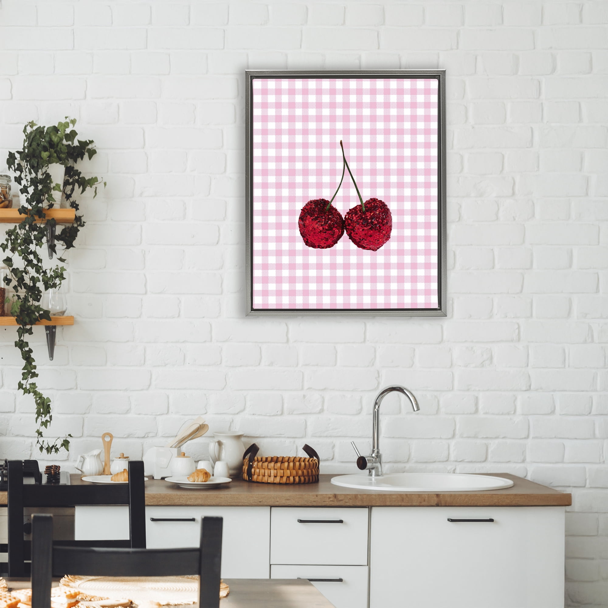 Stupell Industries Glitter Cherry on Pink Gingham Gray Framed Floater Canvas Wall Art, design by LISH Creative