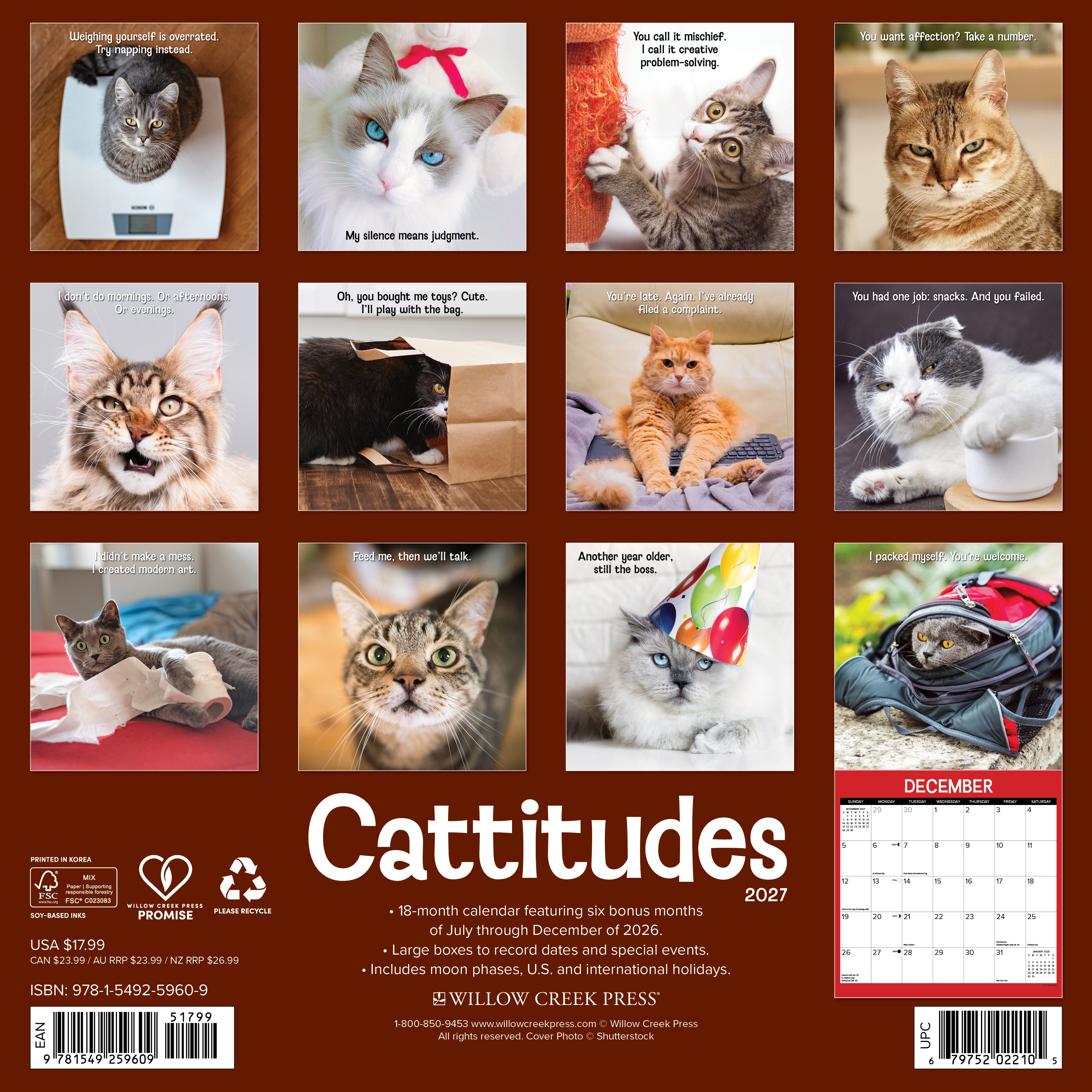 Willow Creek Press, Cattitudes 2027 Wall Calendar