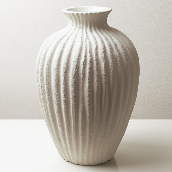 Homioray Handmade Ceramic Decorative Vase – Warm White Rustic Textured 10.4” Round Vase with Irregular Waves and Weathe