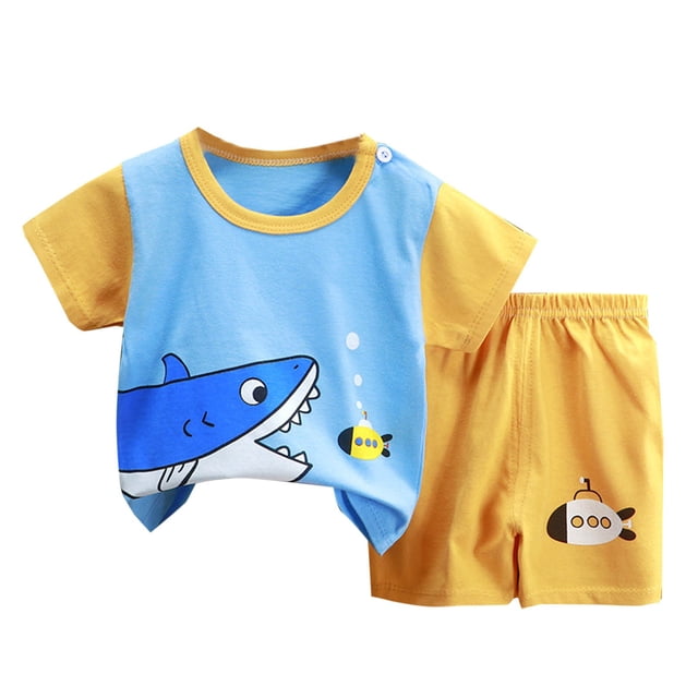 Birdeem Ensembles de Blouses et Chemises à Manches Courtes à Col Rond Enfant Été Coton Imprimé Shorts Manches Courtes Ensembles de Blouses à Col Rond