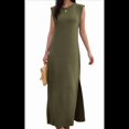 thumbnail image 2 of Vestido Maxi de Verano 2025 para Mujer, Informal, Holgado, con Abertura, Sin Arrugas, con Cuello Redondo y Bolsillos, Verde M, 2 of 9