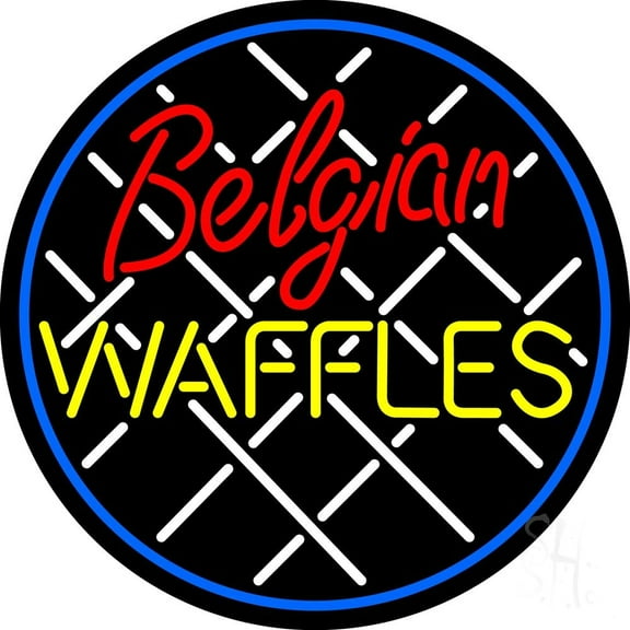 Belgian Waffles Circle LED Neon Sign 18 x 18 - inches, Clear Edge Cut Acrylic Backing, with Dimmer - Bright and Premium built indoor LED Neon Sign for restaurant window and interior decor.