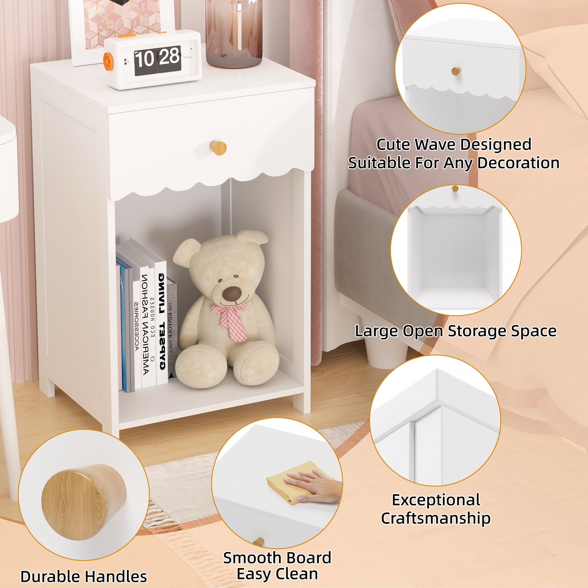 Yoneston Elegant Open Shelf Nightstand with Drawer Storage for Kid's Room Bedside Bedroom, Snow White