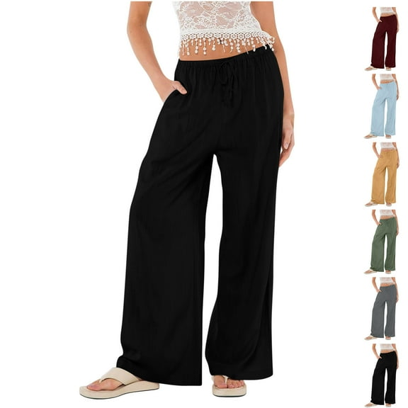 Up to 65% off!Casual Pants for Womens Fashion Plus Size High Waist Summer Casual Solid Color Linen Wide-legged Pants Bohemian Wind Beach Pants Drawstring Loose Pants Elastic Waist Casual Pants Pants