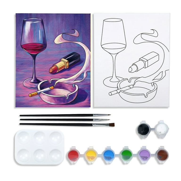 VOCHIC Canvas Painting Kit Paint and Sip Kit for Adults Pre Drawn Canvas  for Painting DIY Paint Kit for Party Favor Wine Glass, Lipstic Painting  Artwork（8x10） 