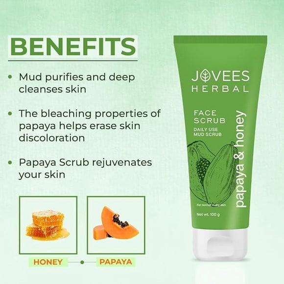 Jovees Herbal Papaya & honey Face Scrub | | For Normal to Dry Skin | | Improves Uneven Skin Tone | Paraben And Alcohol Free | 100gm