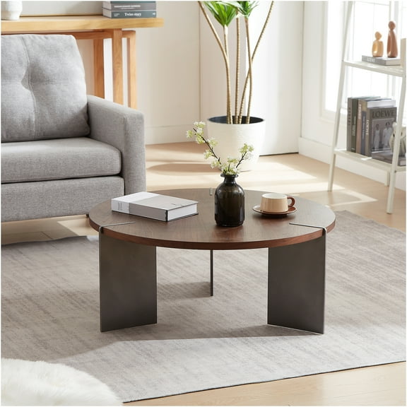 JERFIT 36 Inch Round Coffee Table with Walnut Top, Black Metal Legs for Living Room, Modern Industrial Accent Table